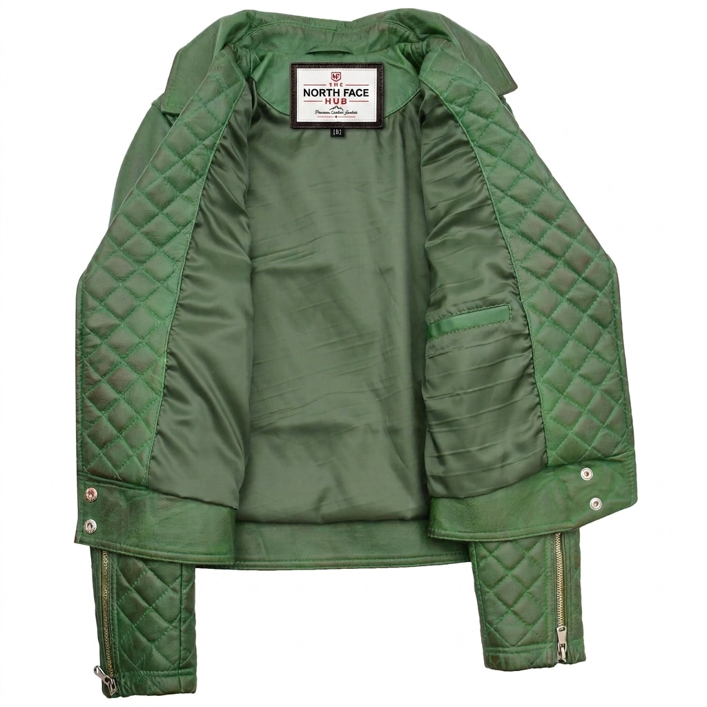 Womens Leather Biker Jacket with Quilt Detail Aurora Green