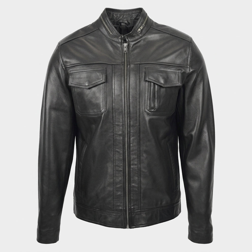 Mens Casual Biker Leather Jacket Nova Black