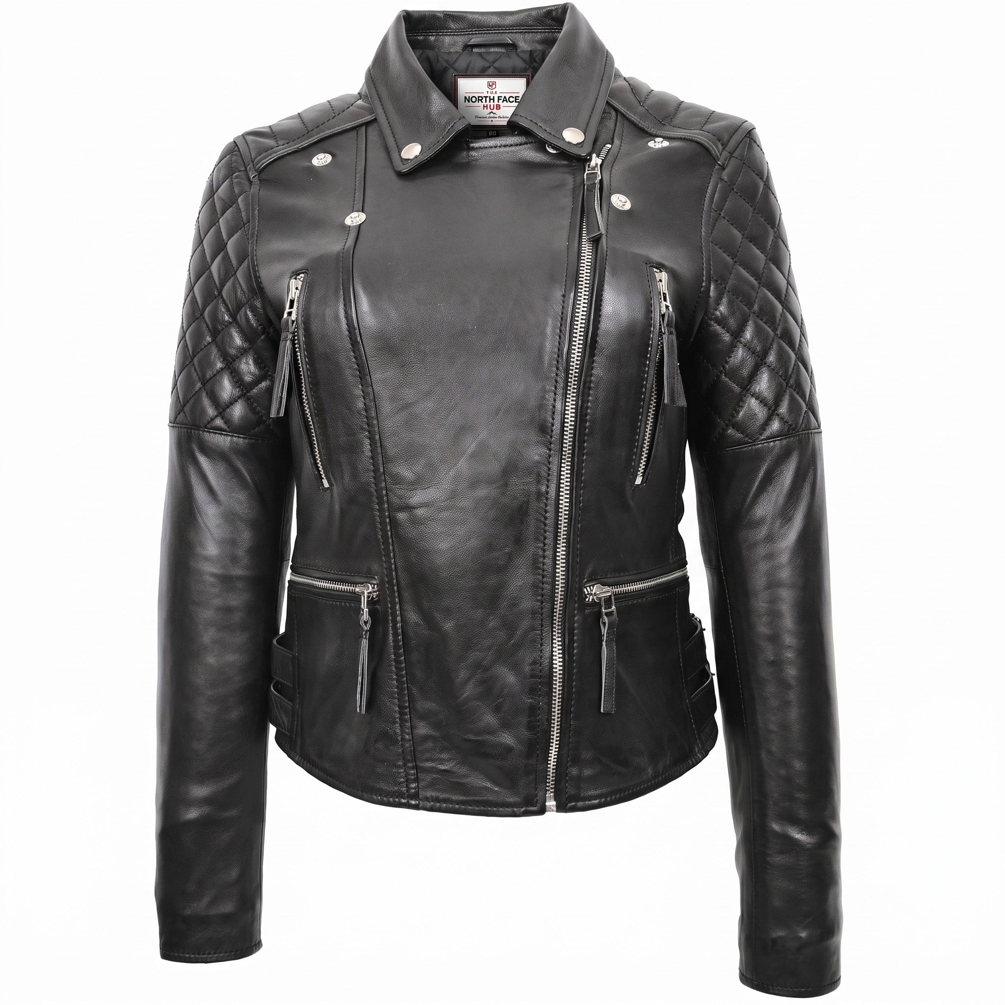 Womens Cross Zip Biker Leather Jacket Claudia Nova Black