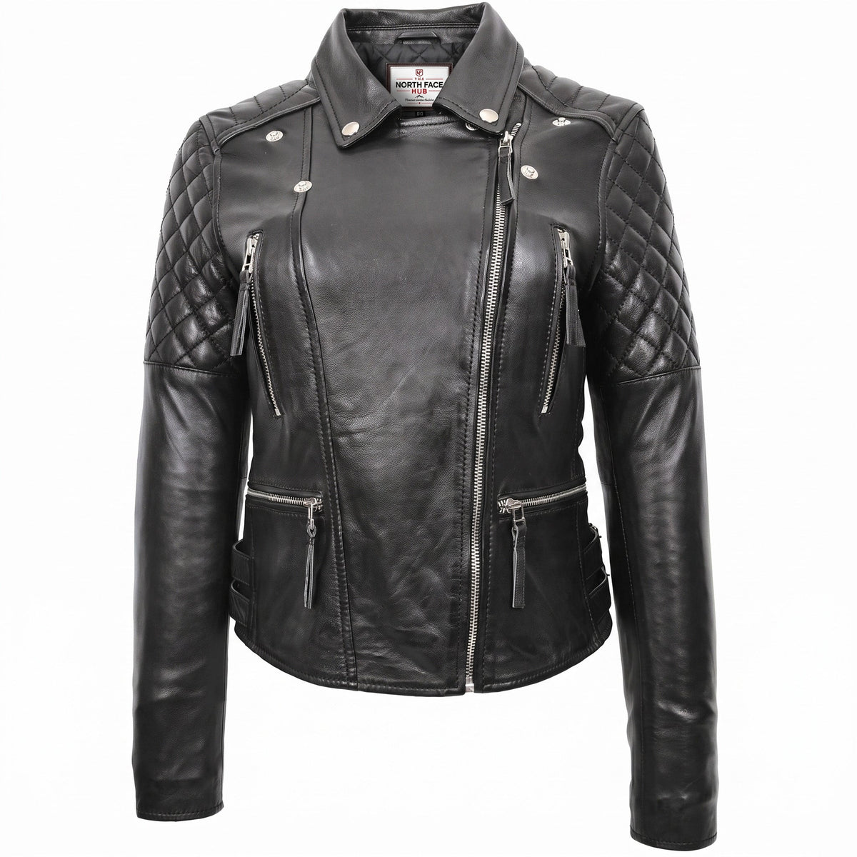 Womens Cross Zip Biker Leather Jacket Claudia Nova Black