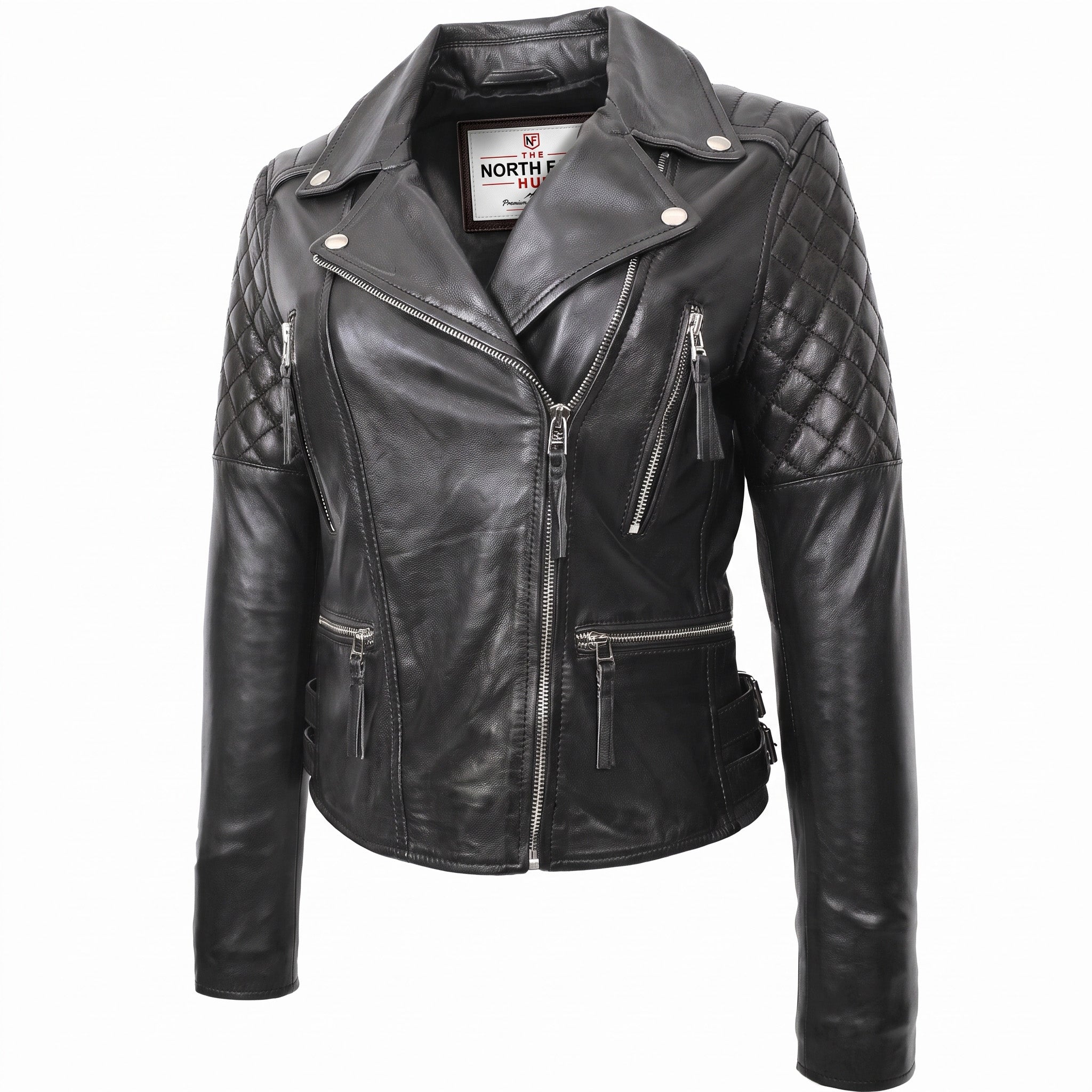 Womens Cross Zip Biker Leather Jacket Claudia Nova Black
