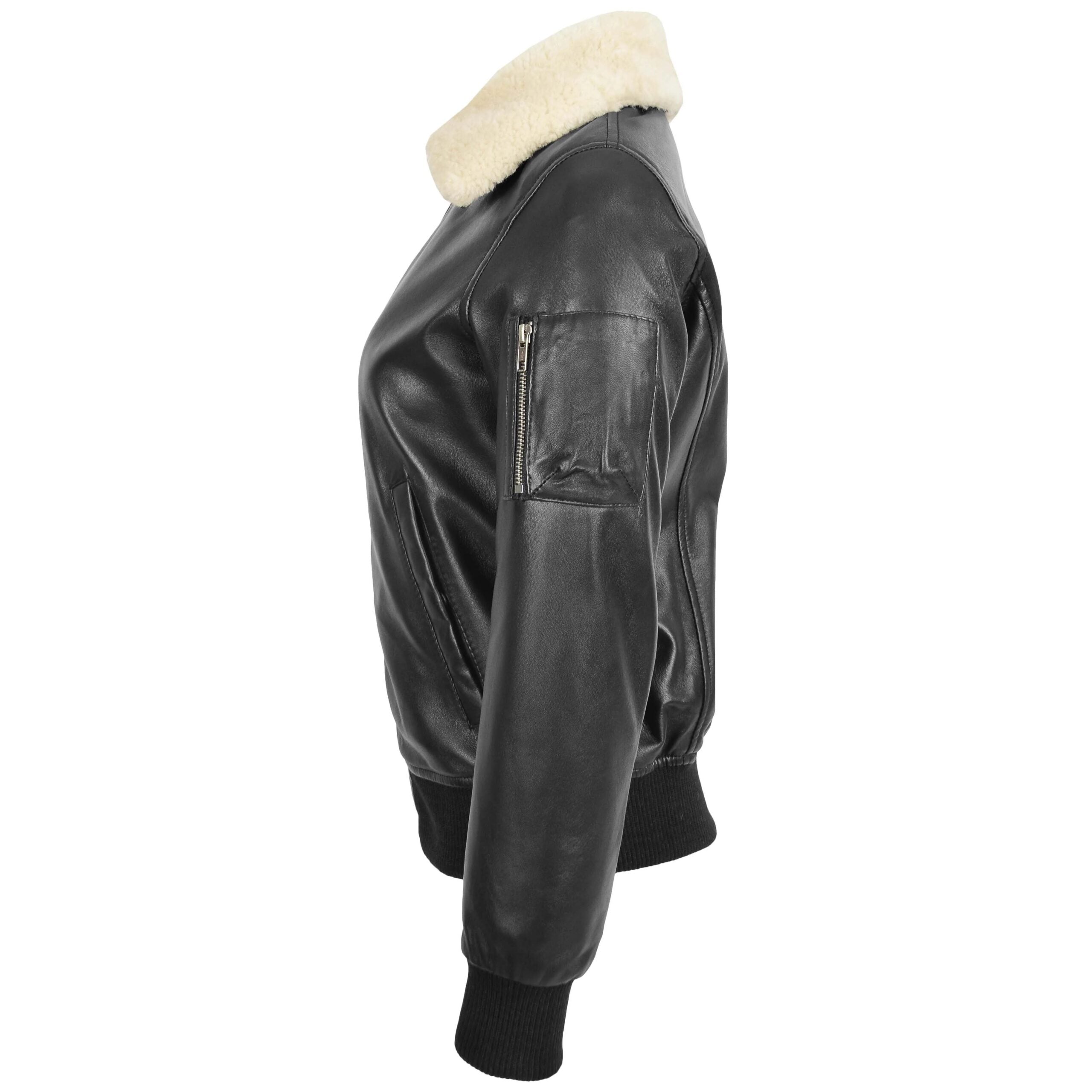 Womens Leather Bomber Jacket Removable Collar Nova Black