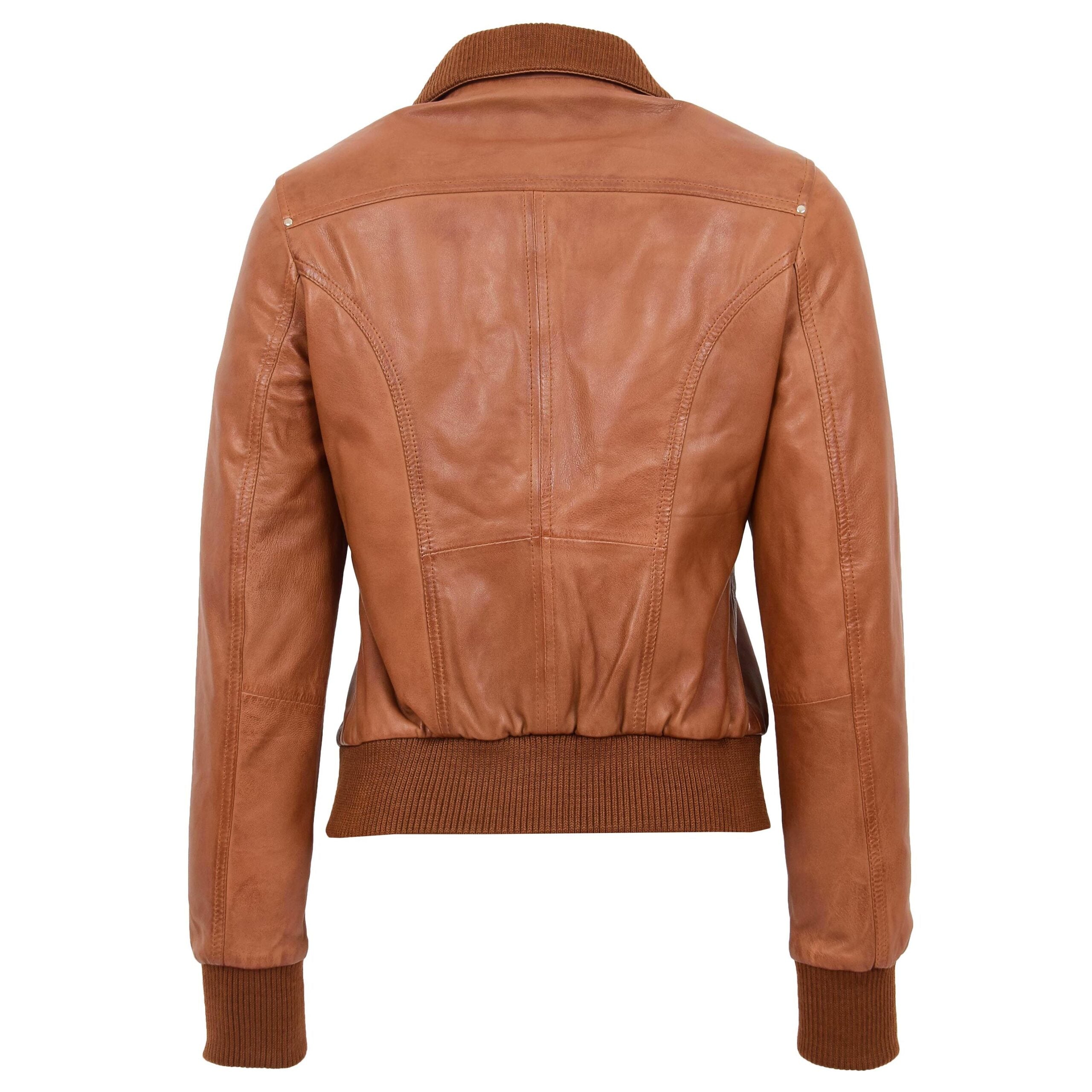 Womens Leather Classic Bomber Jacket Motto Dynamo Tan