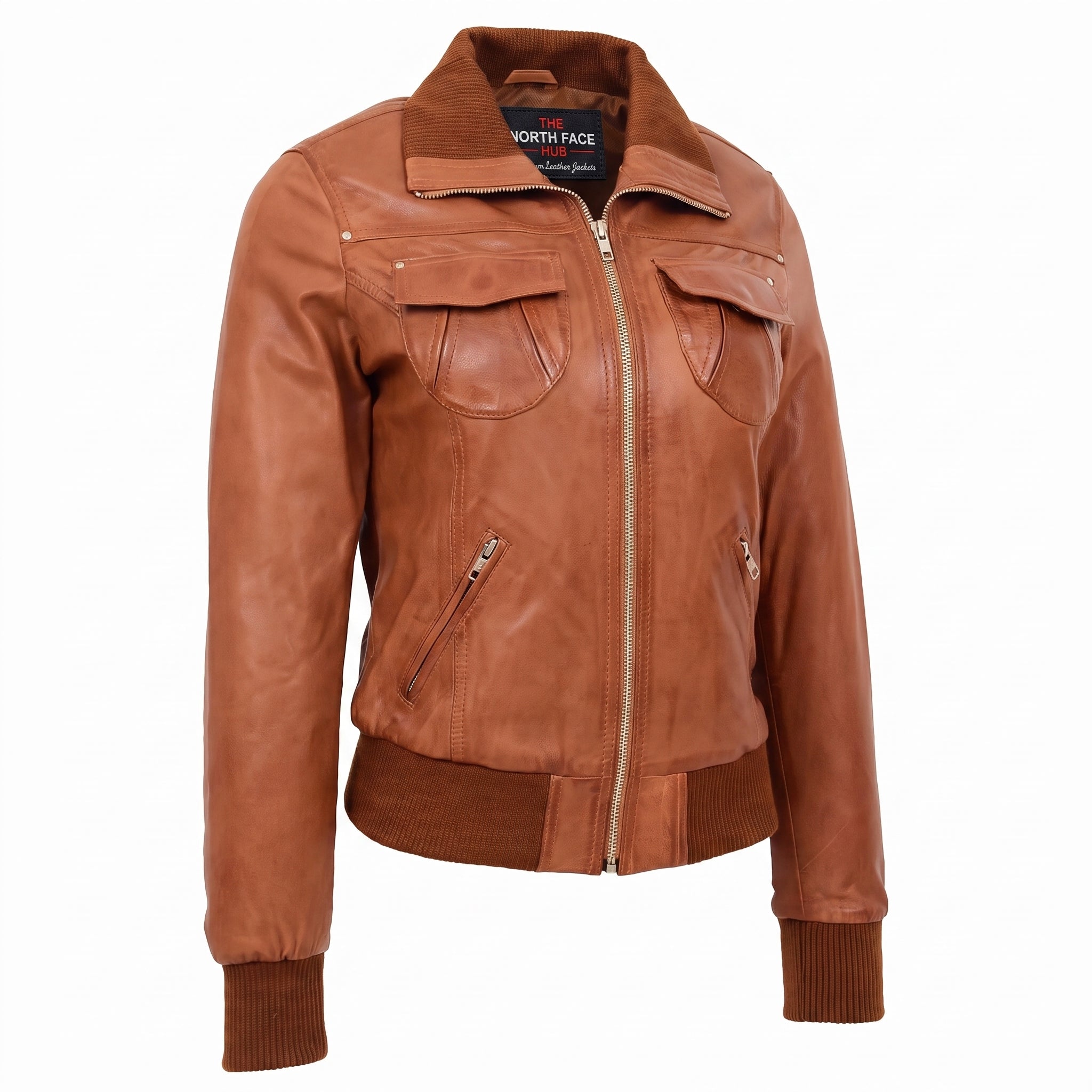 Womens Leather Classic Bomber Jacket Motto Dynamo Tan