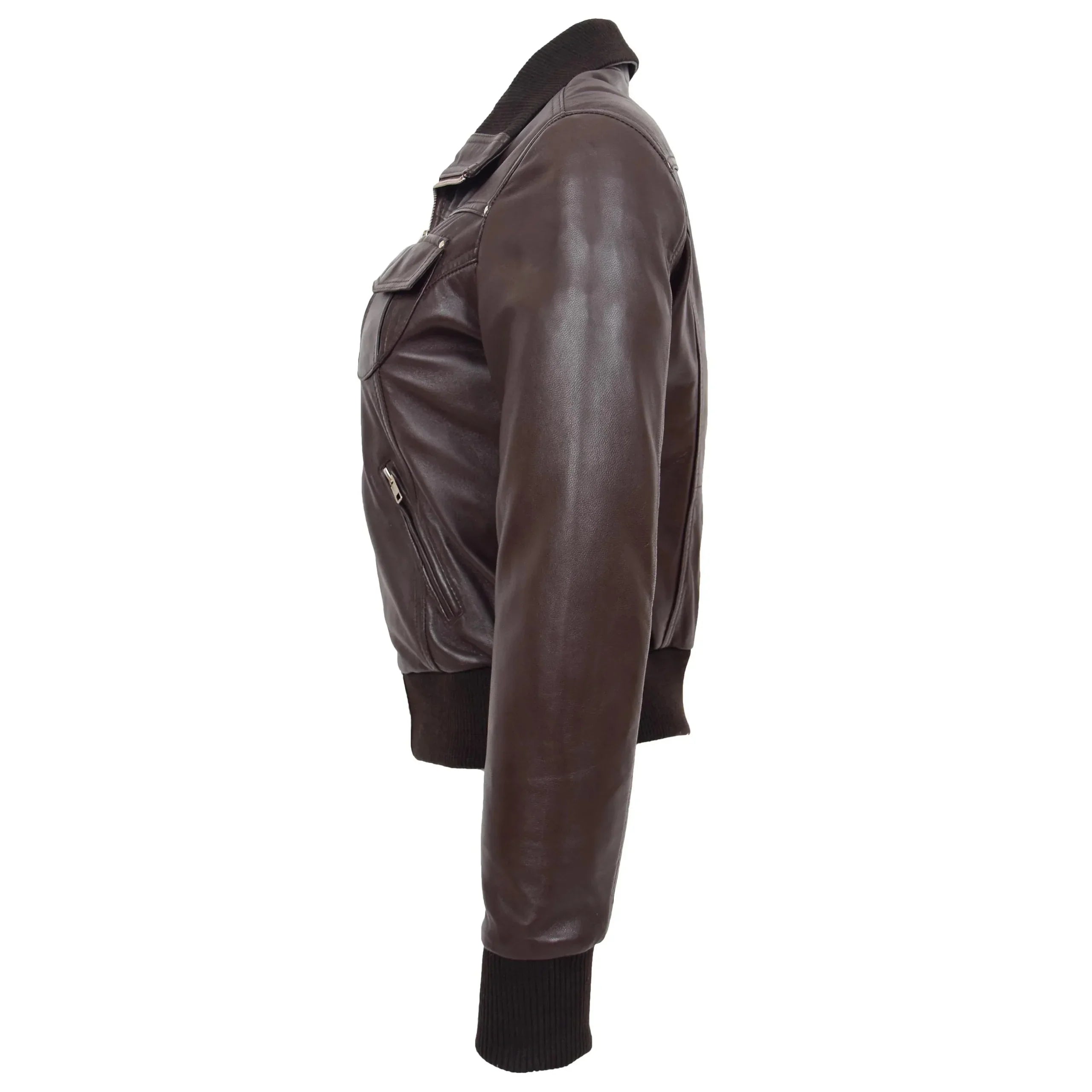Womens Leather Classic Bomber Jacket Motto Zenith Brown