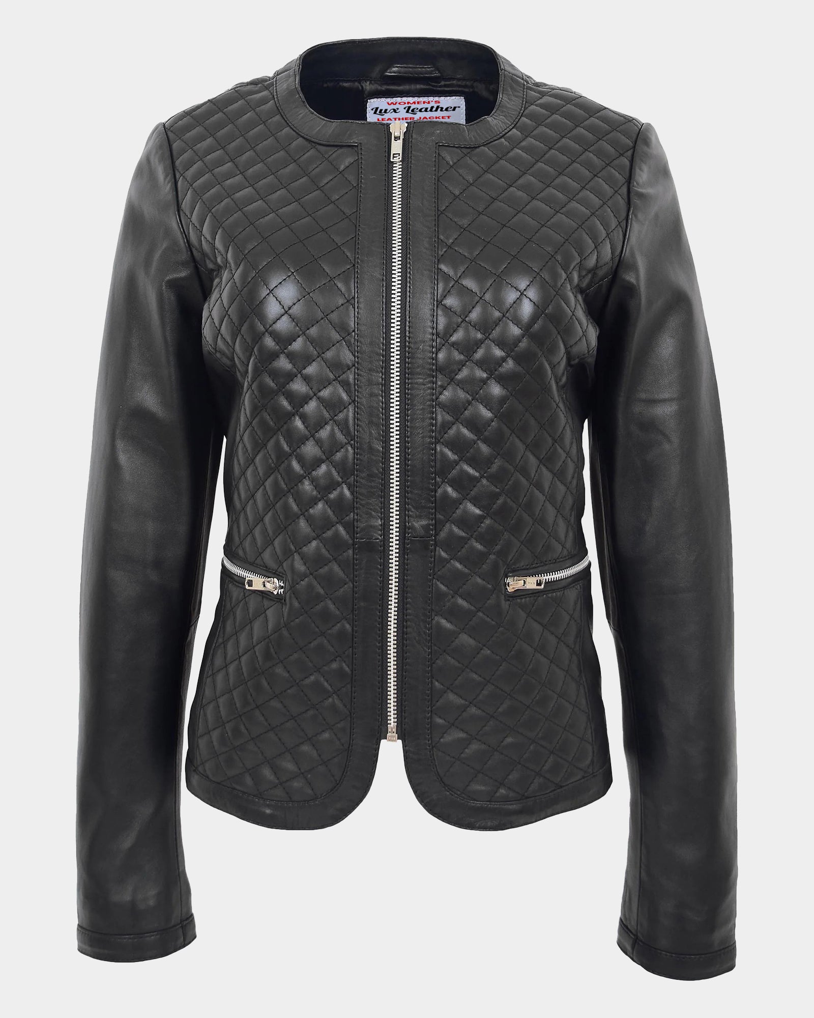 Womens Leather Collarless Jacket with Quilt Design Joan Nova Black