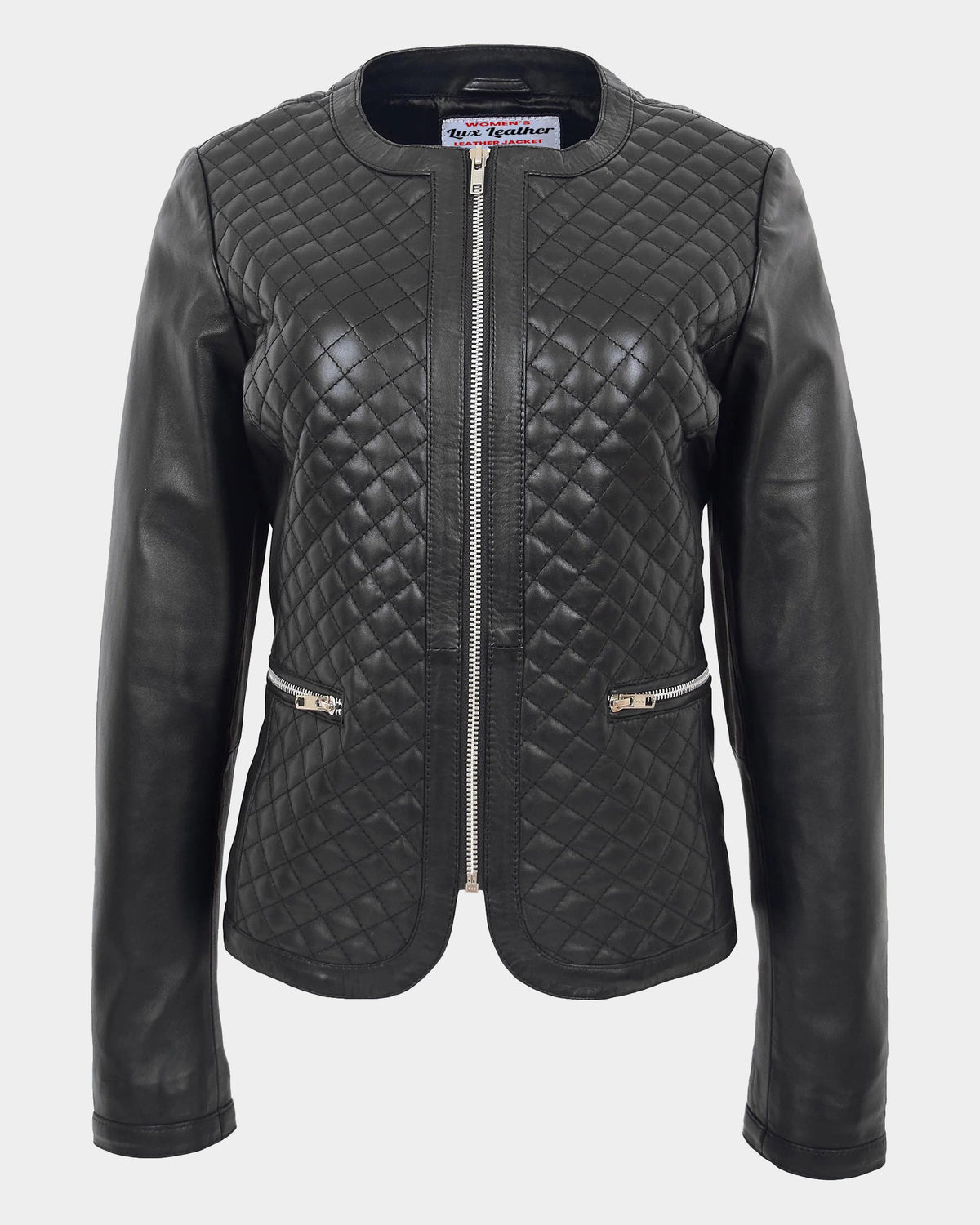Womens Leather Collarless Jacket with Quilt Design Joan Nova Black