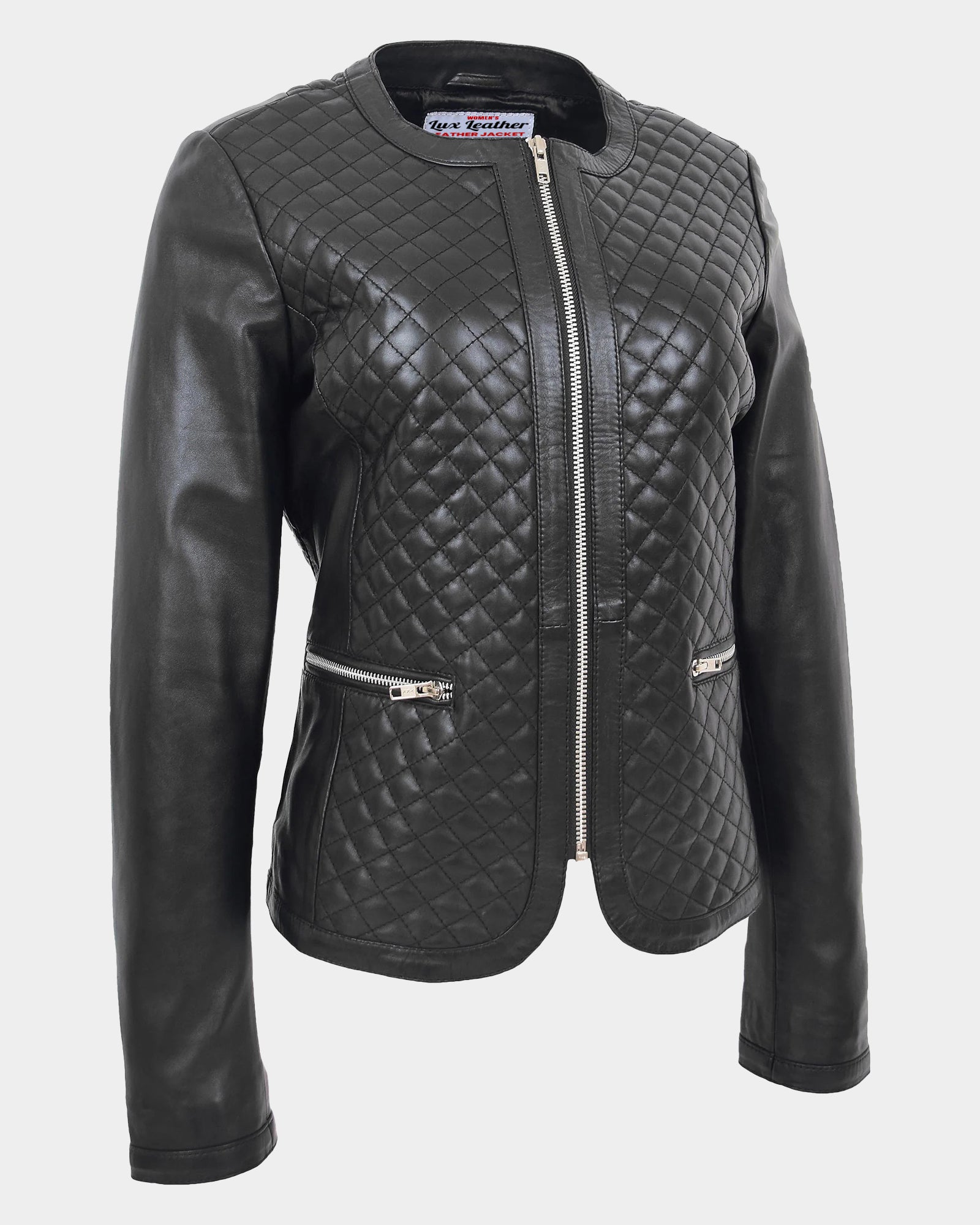 Womens Leather Collarless Jacket with Quilt Design Joan Nova Black