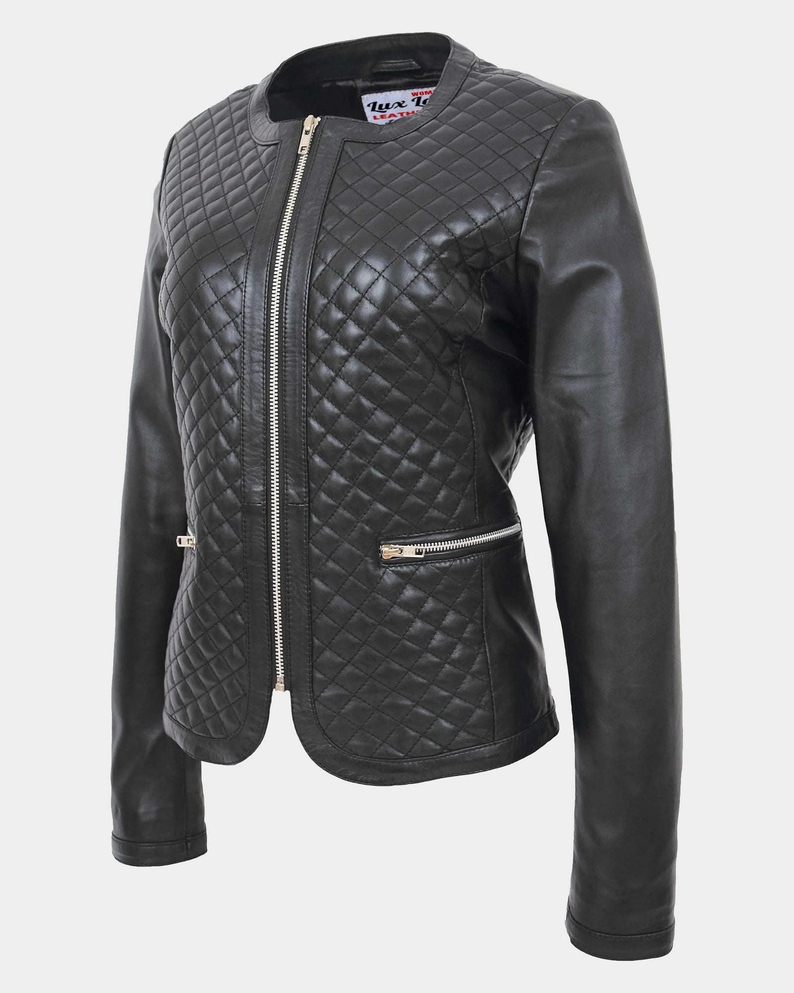 Womens Leather Collarless Jacket with Quilt Design Joan Nova Black