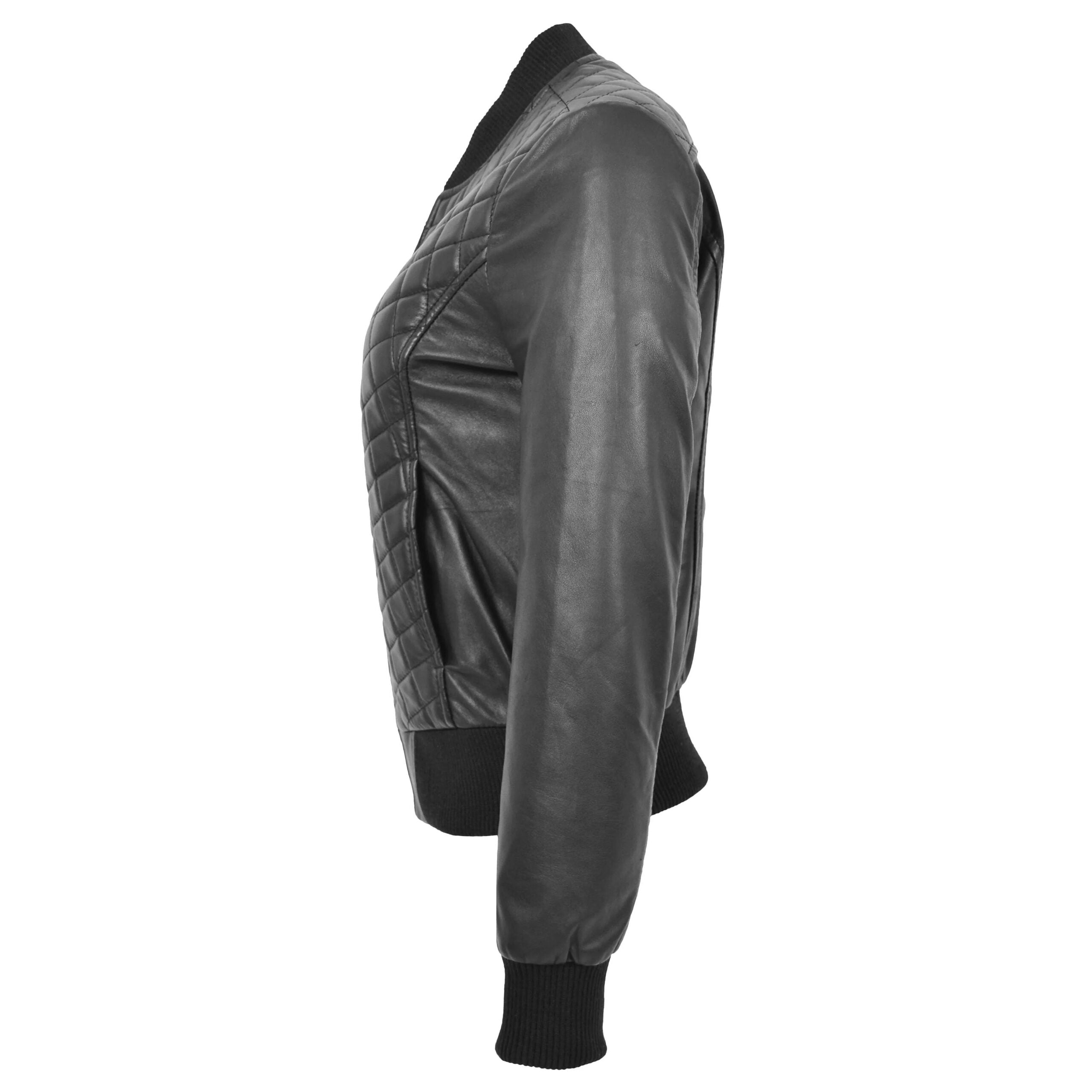 Womens Leather Varsity Quilted Bomber Jacket Nova Black
