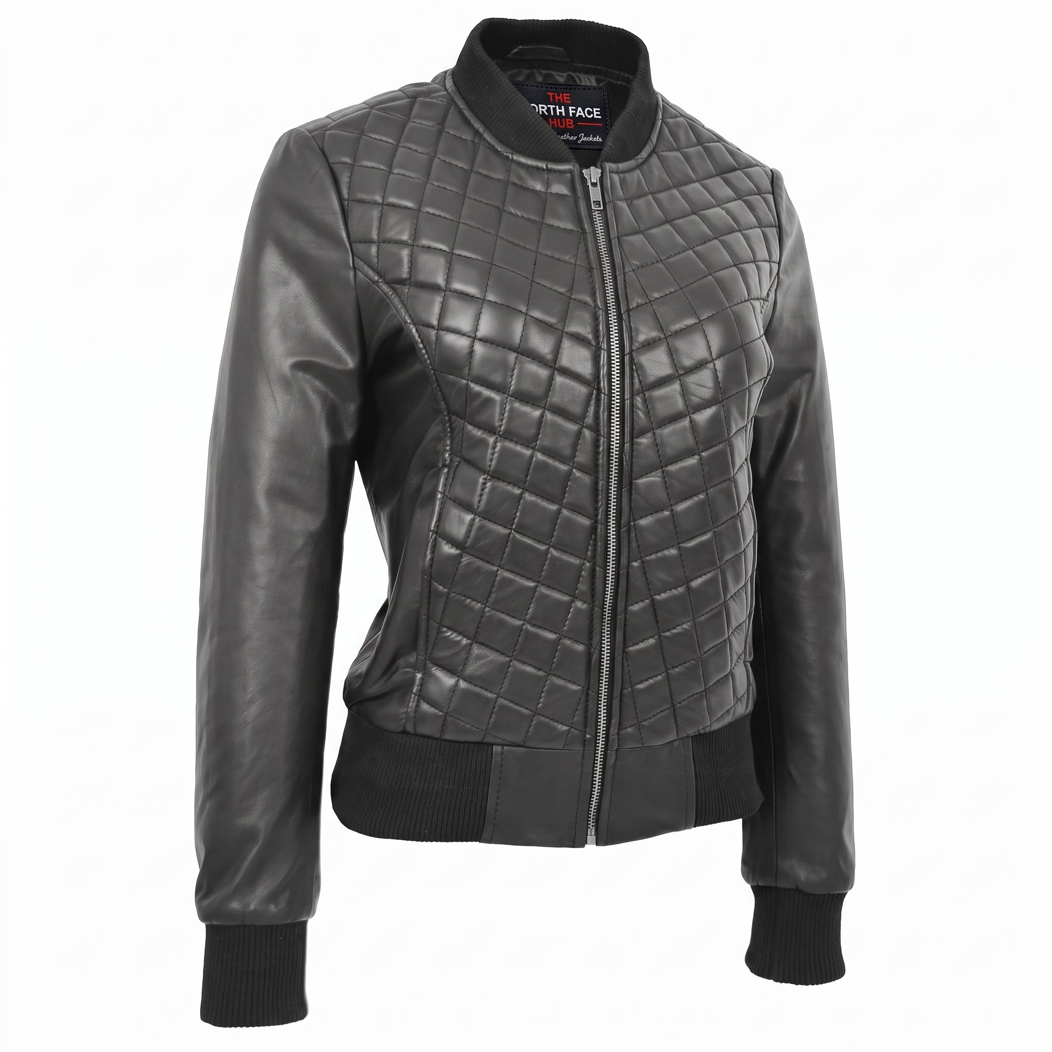 Womens Leather Varsity Quilted Bomber Jacket Nova Black
