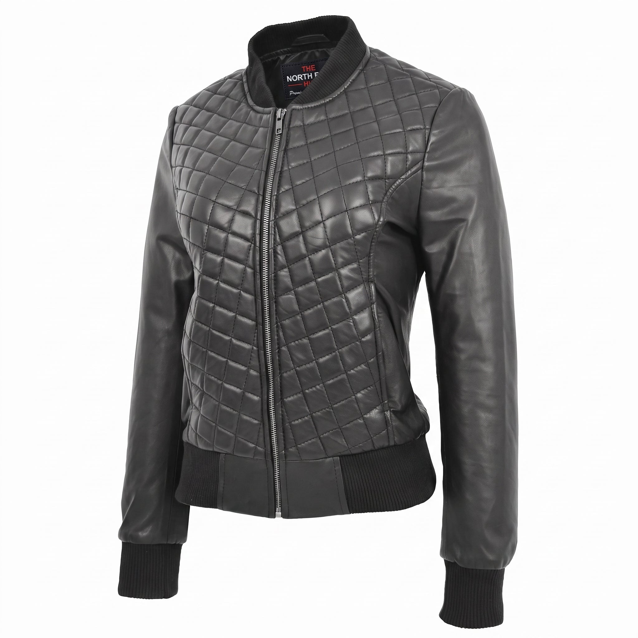 Womens Leather Varsity Quilted Bomber Jacket Nova Black