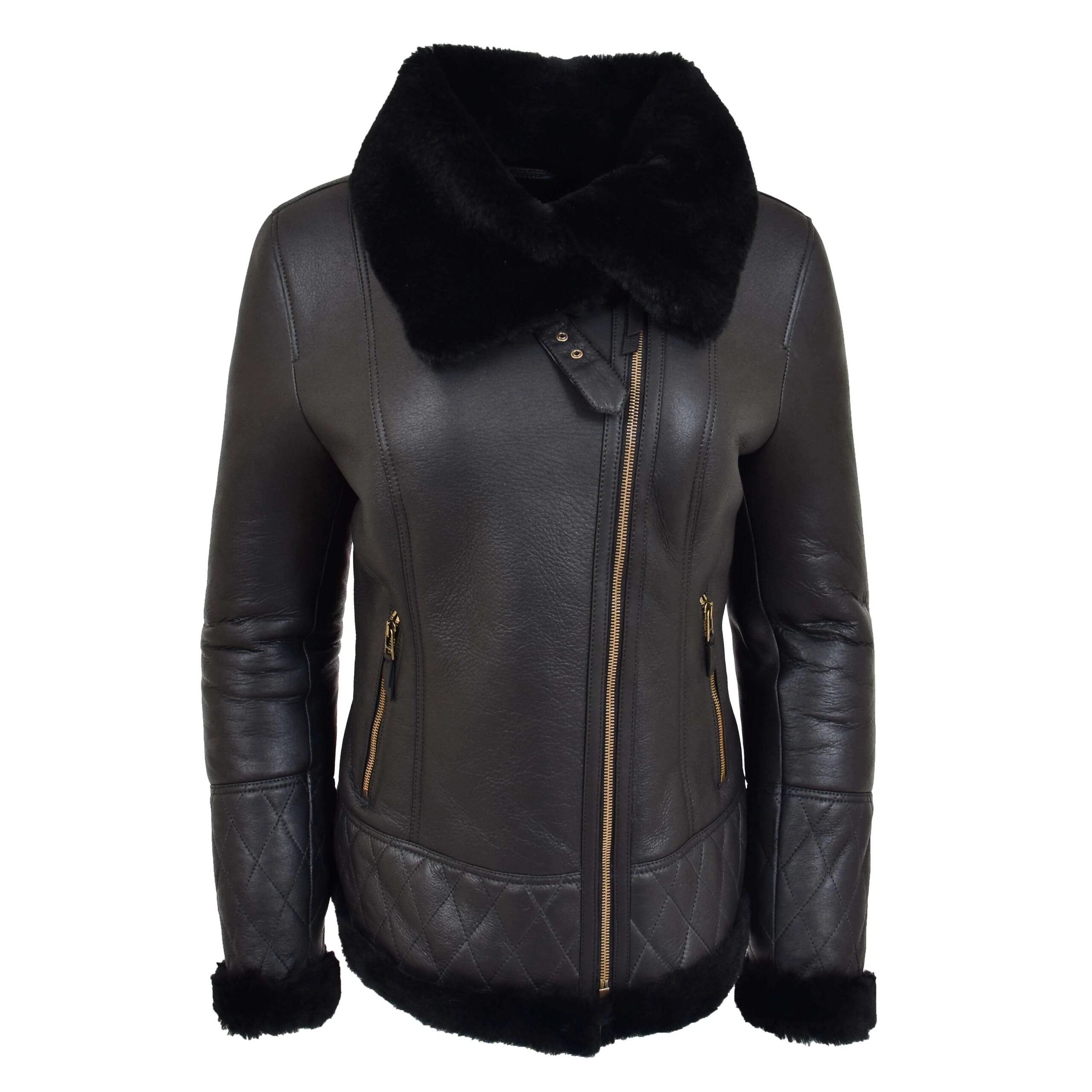 Womens Merino Sheepskin Aviator Jacket Nova Black