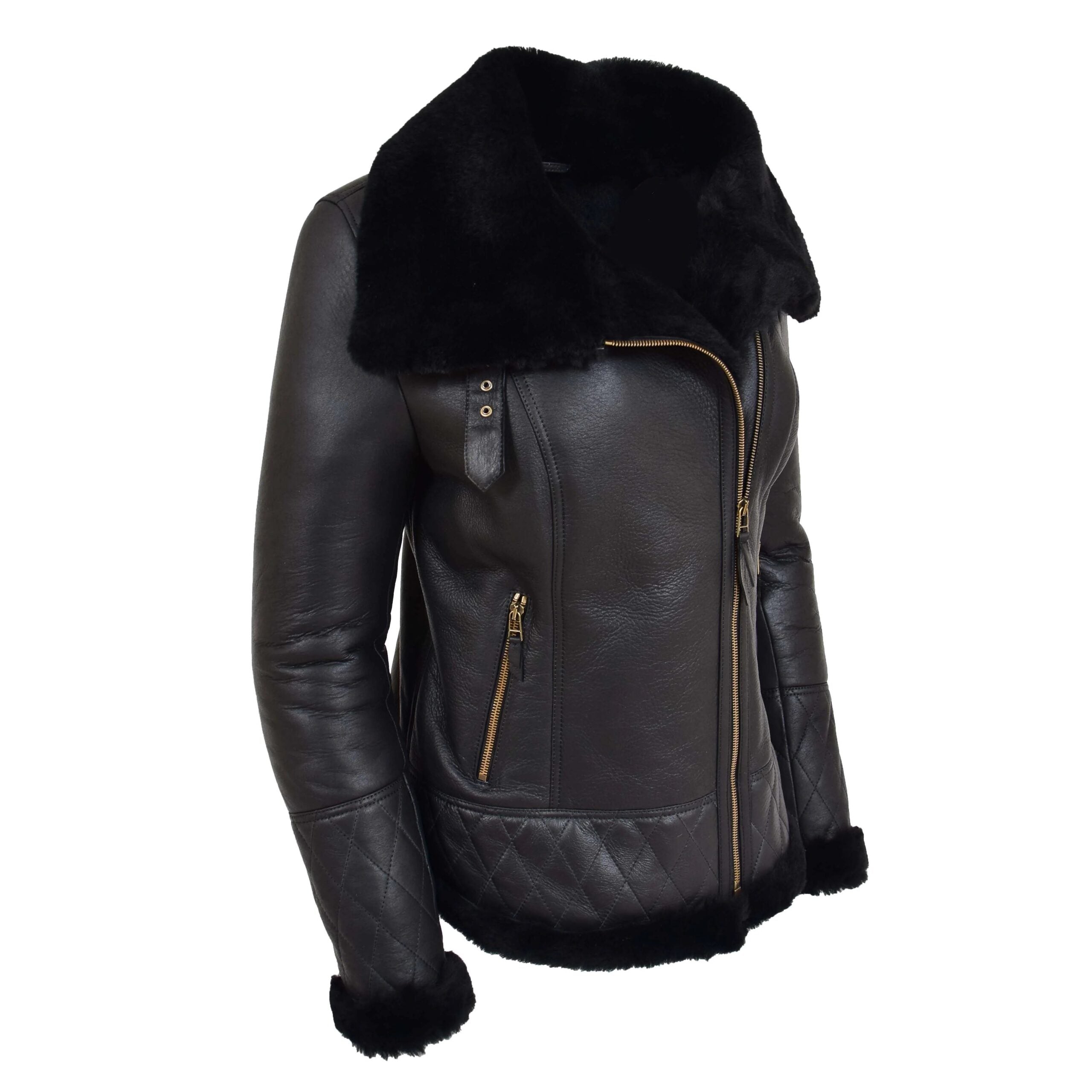 Womens Merino Sheepskin Aviator Jacket Nova Black