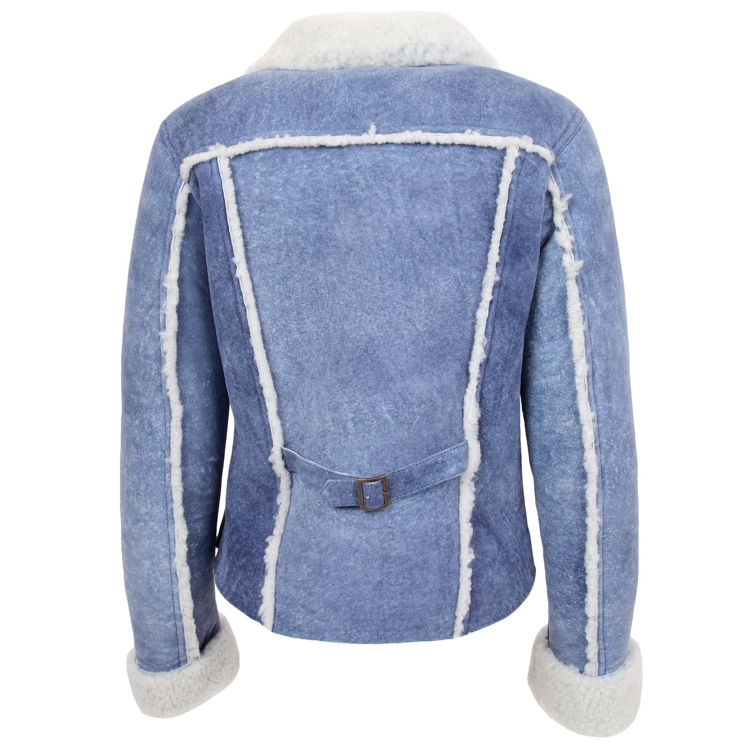 Womens Real Sheepskin Trucker Jacket Kylie Denim Radiant Blue