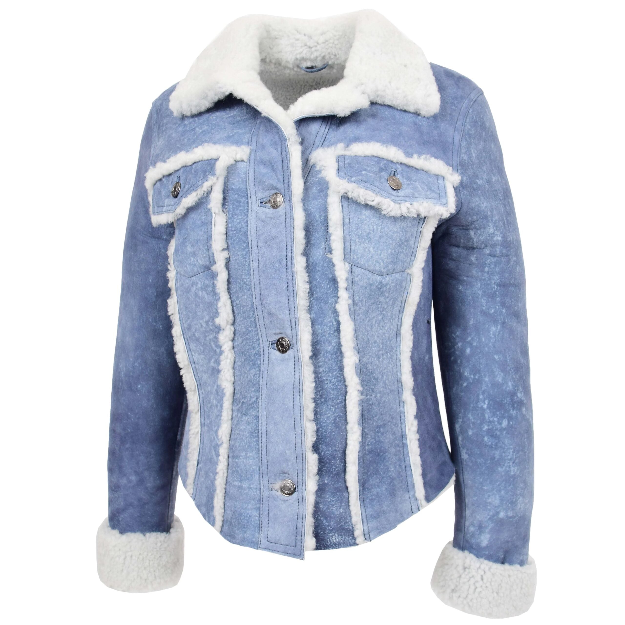 Womens Real Sheepskin Trucker Jacket Kylie Denim Radiant Blue