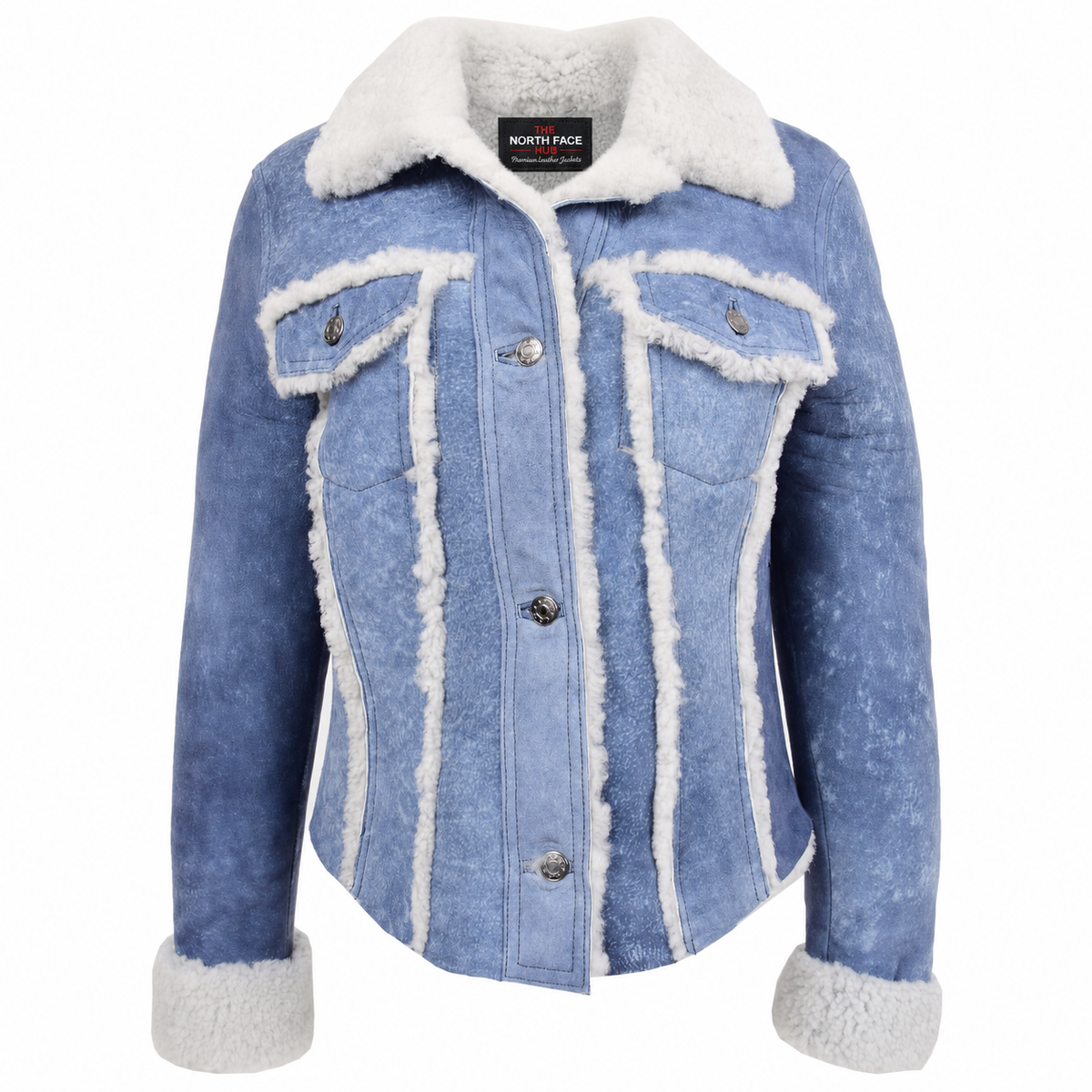 Womens Real Sheepskin Trucker Jacket Kylie Denim Radiant Blue