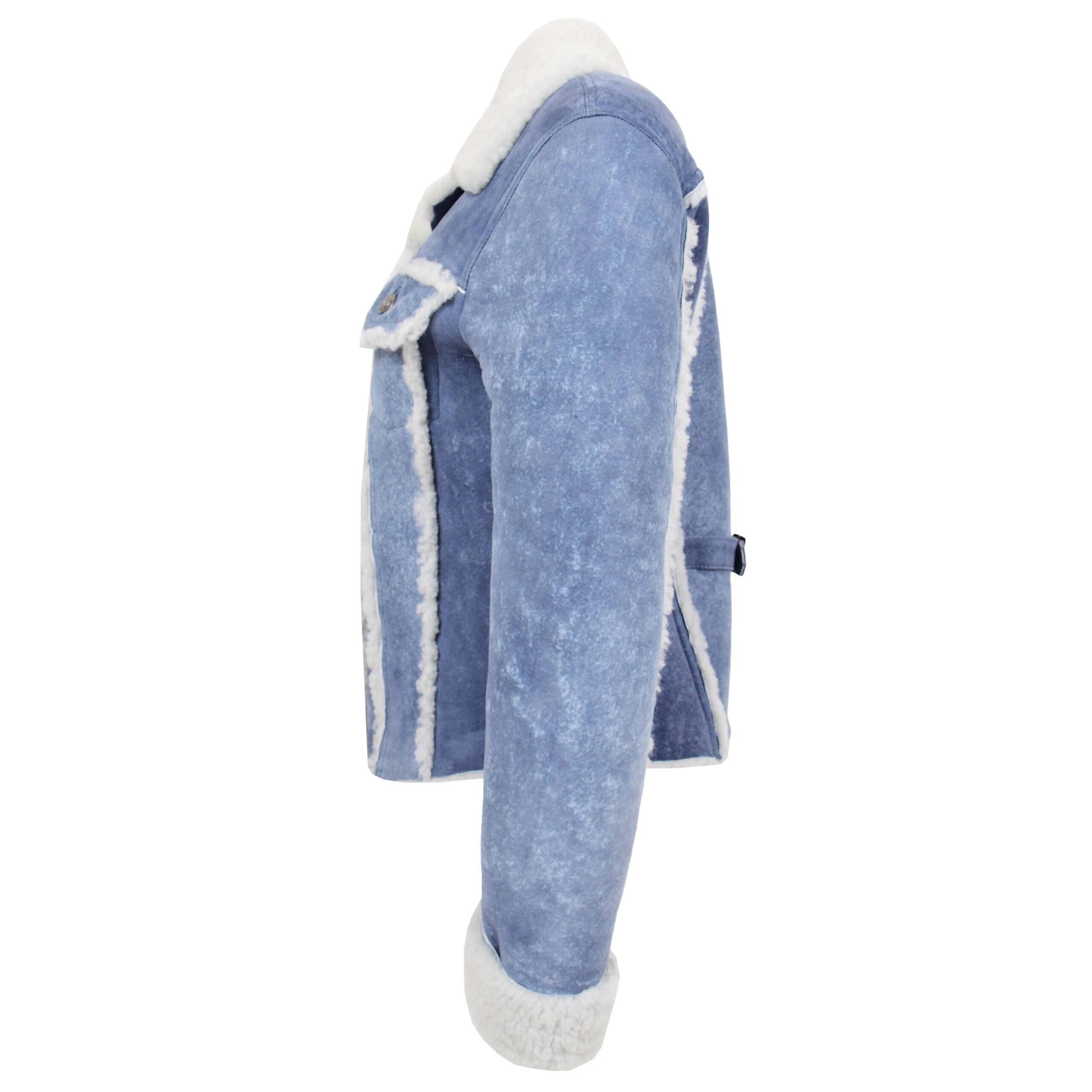 Womens Real Sheepskin Trucker Jacket Kylie Denim Radiant Blue
