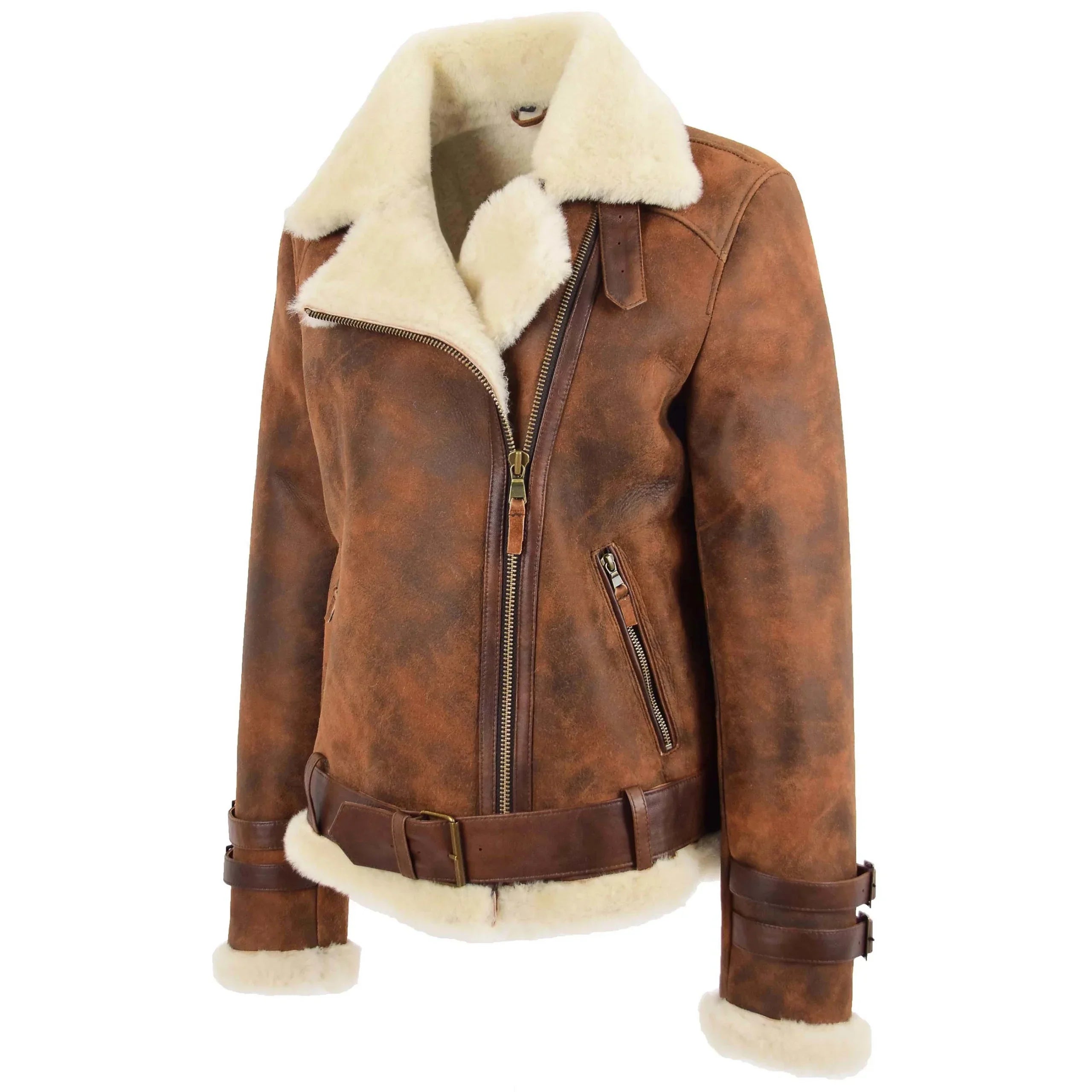 Womens Sheepskin Aviator Cross Zip Pilot Jacket Zenith Vintage Brown