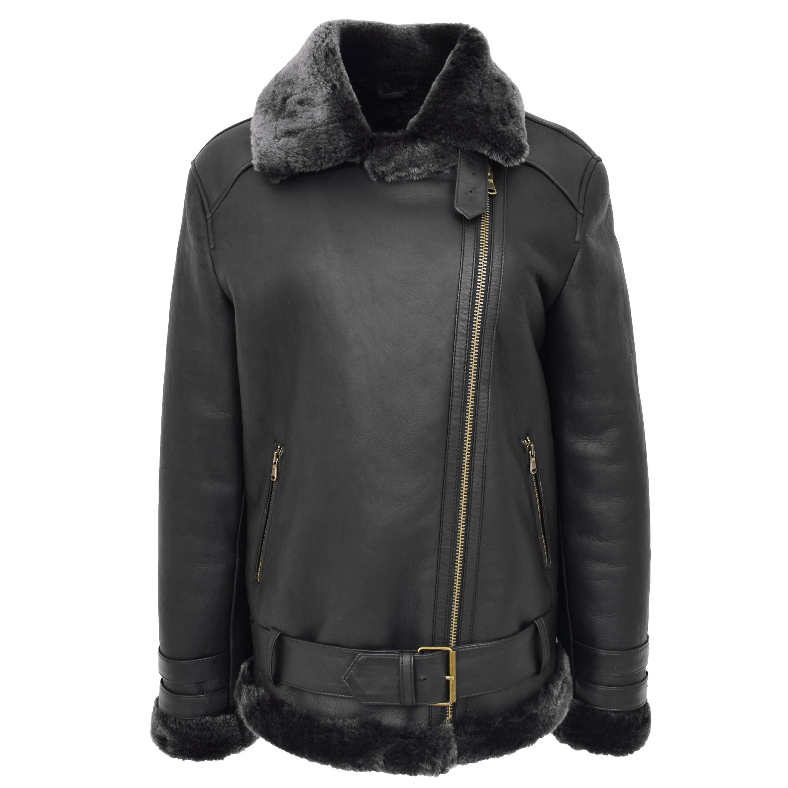 Womens Sheepskin Aviator Cross Zip Pilot Jacket Nova Black