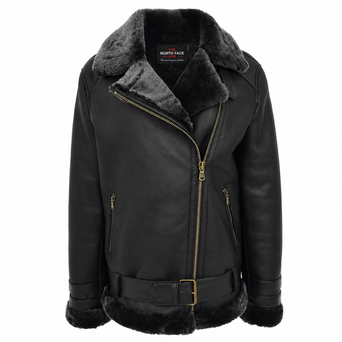 Womens Sheepskin Aviator Cross Zip Pilot Jacket Nova Black