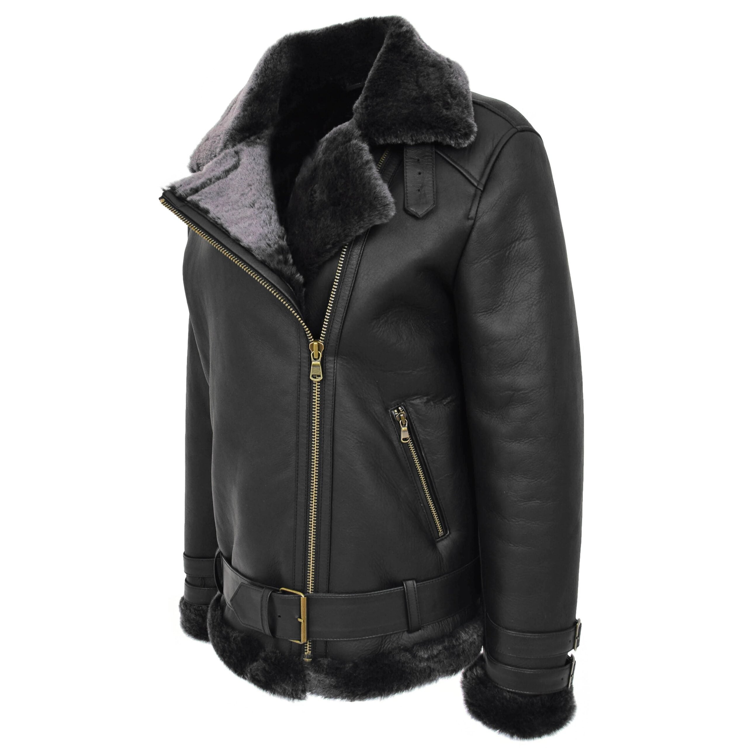 Womens Sheepskin Aviator Cross Zip Pilot Jacket Nova Black