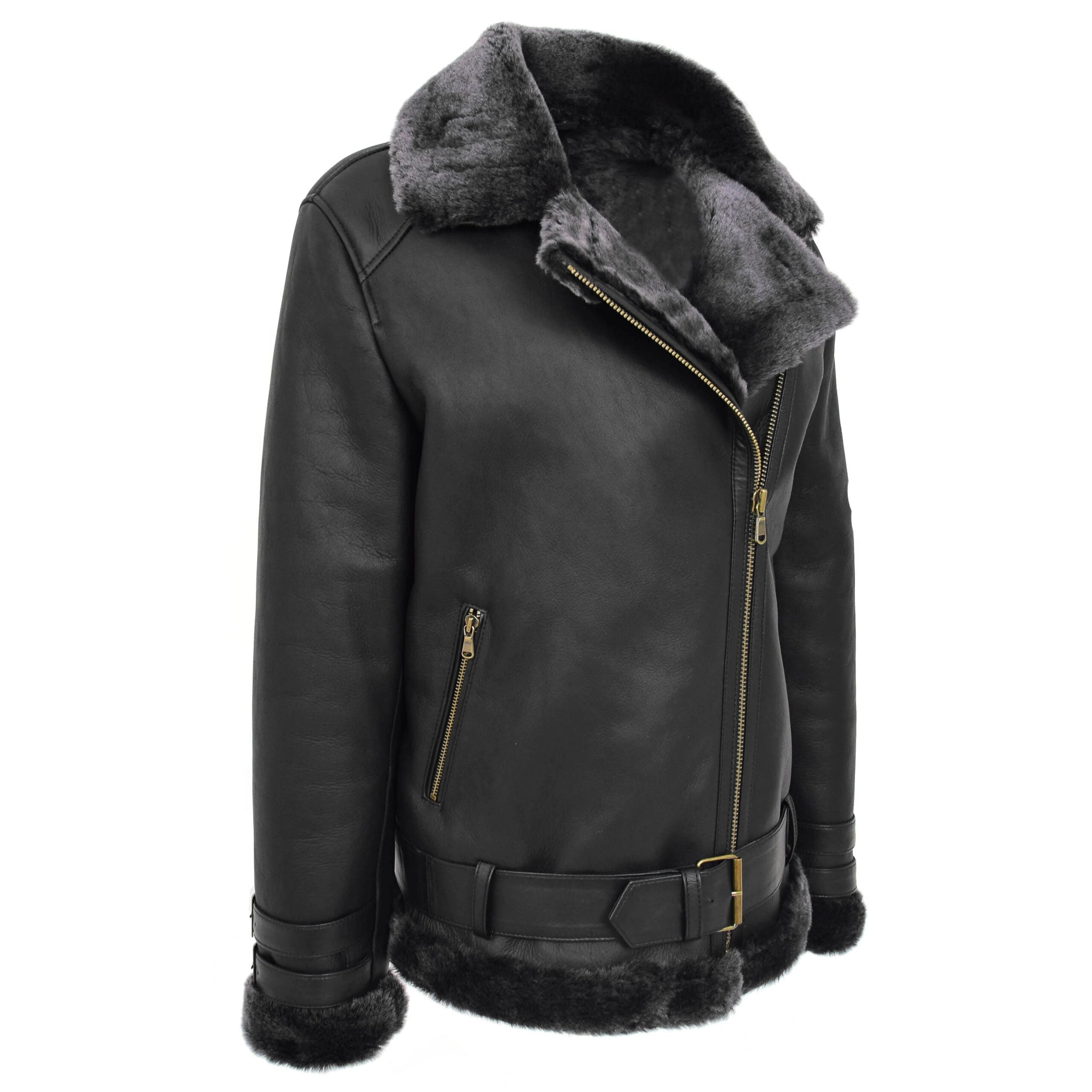 Womens Sheepskin Aviator Cross Zip Pilot Jacket Nova Black