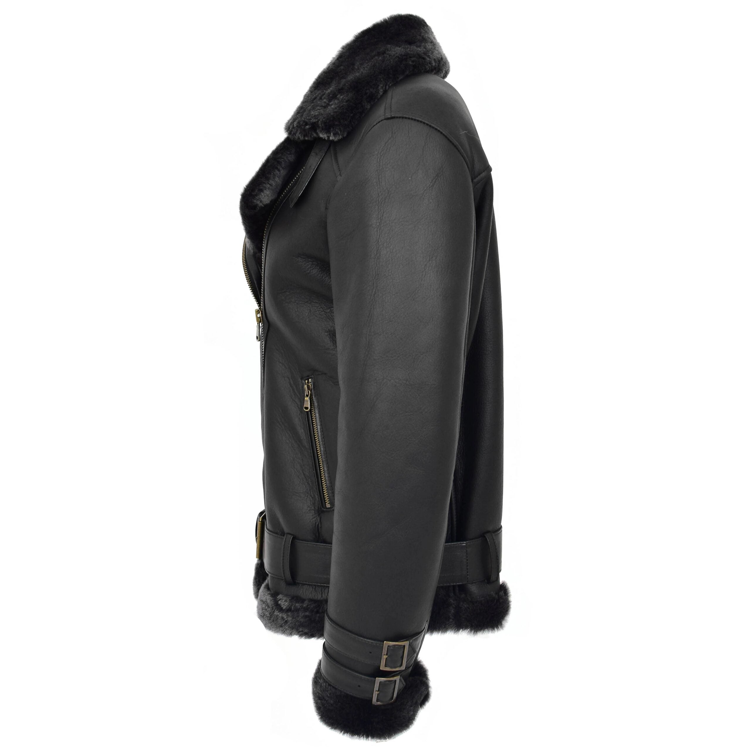 Womens Sheepskin Aviator Cross Zip Pilot Jacket Nova Black