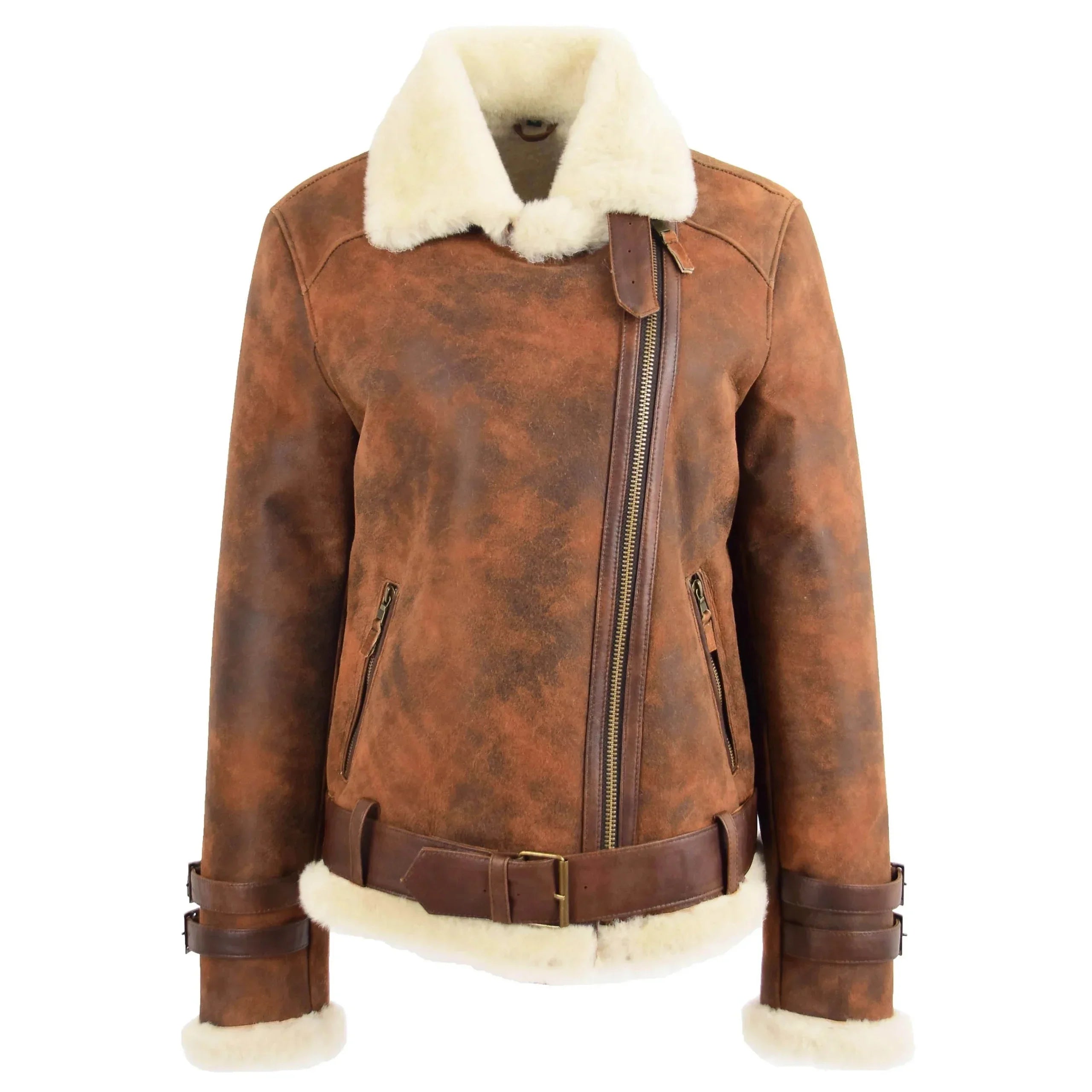 Womens Sheepskin Aviator Cross Zip Pilot Jacket Zenith Vintage Brown