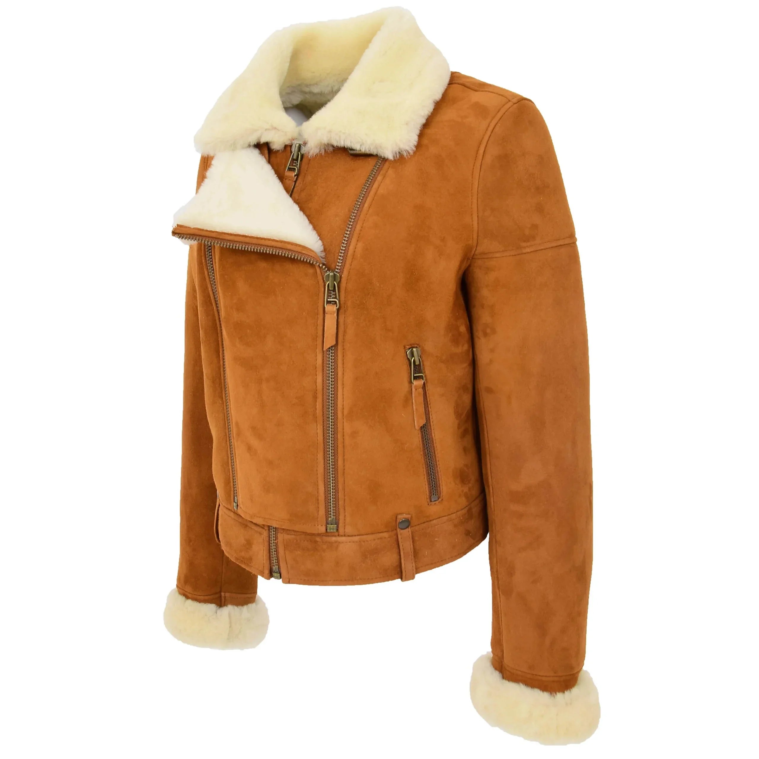 Womens Sheepskin Aviator Pilot Jacket Dynamo Tan White
