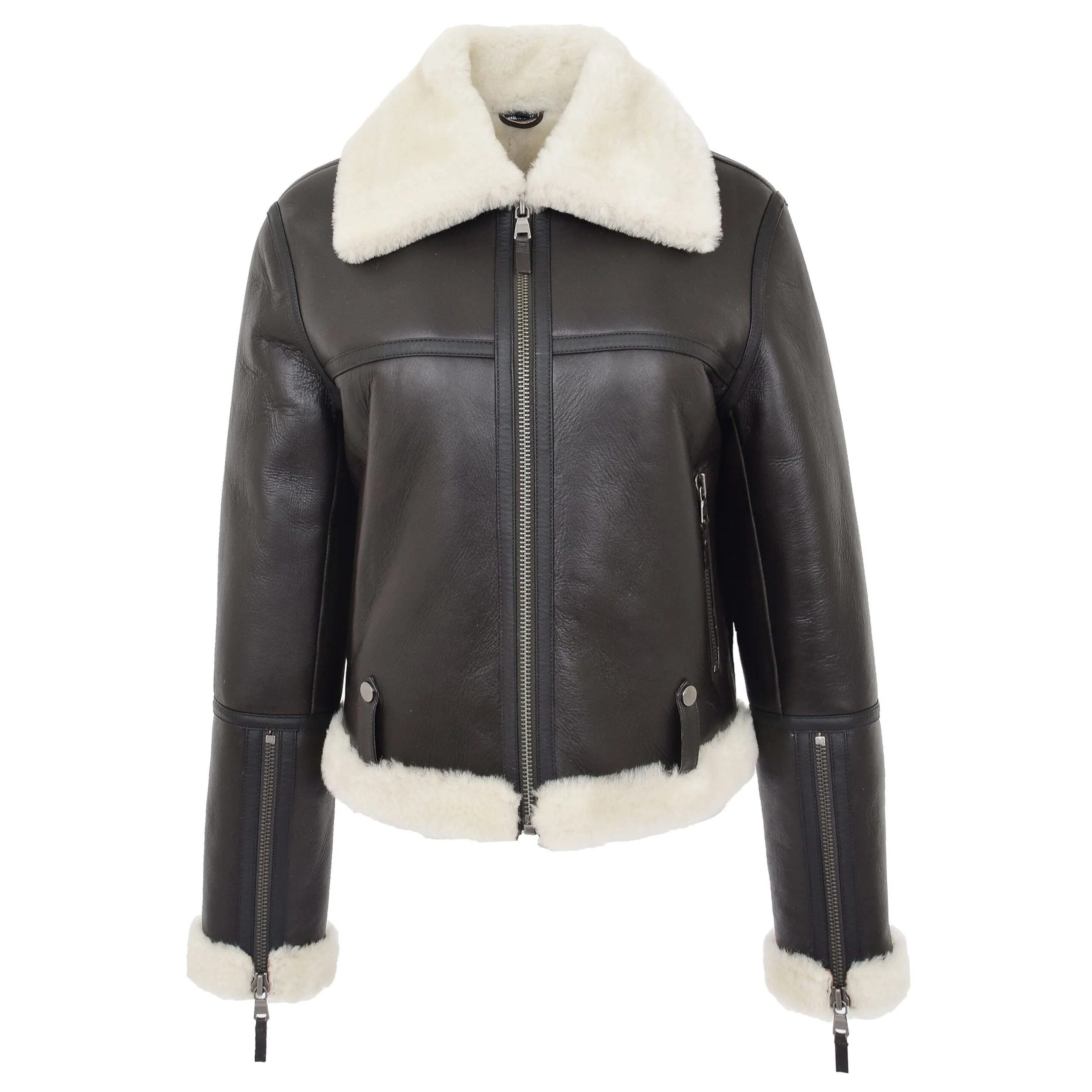 Womens Sheepskin Aviator RAF Pilot Jacket Zenith Brown White