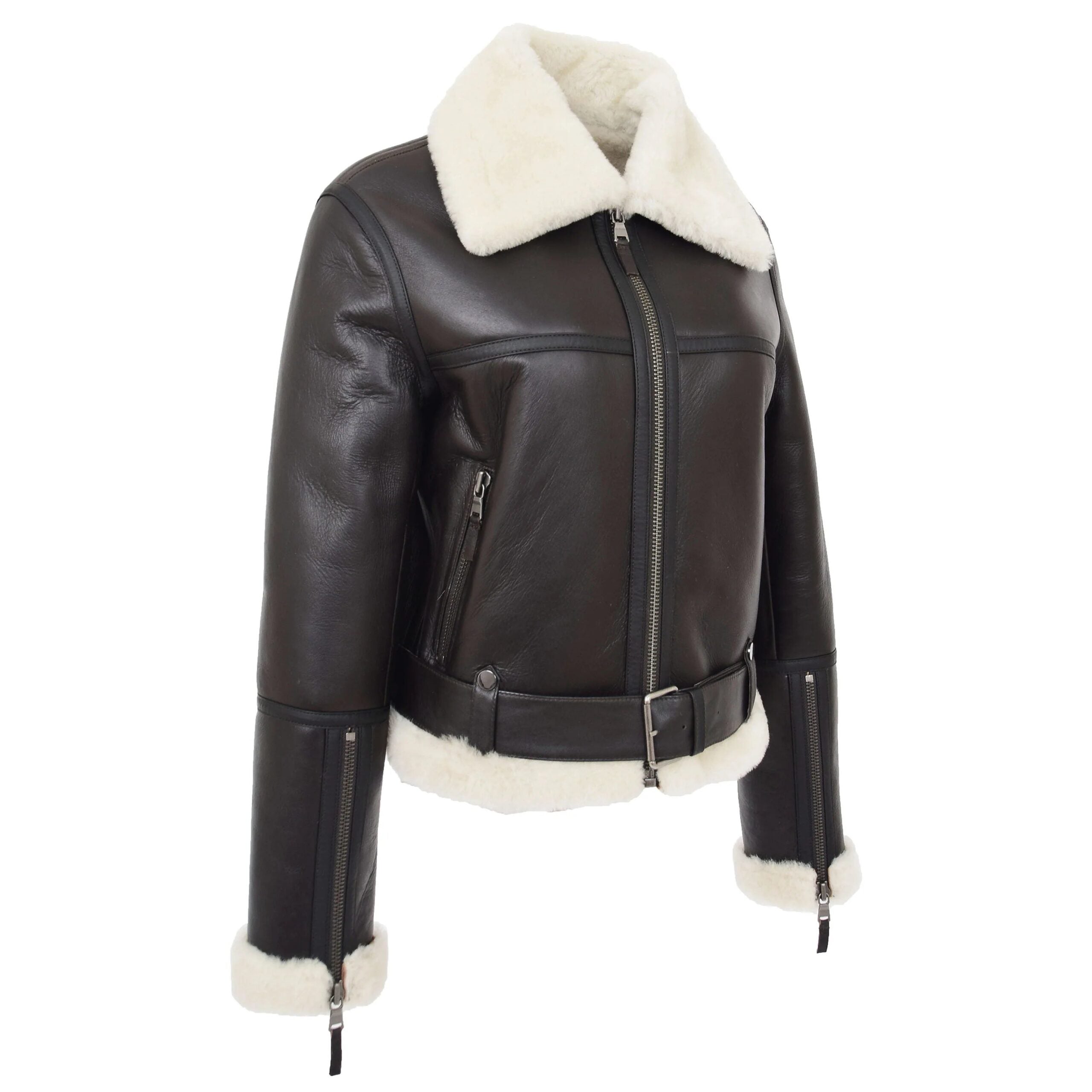 Womens Sheepskin Aviator RAF Pilot Jacket Zenith Brown White