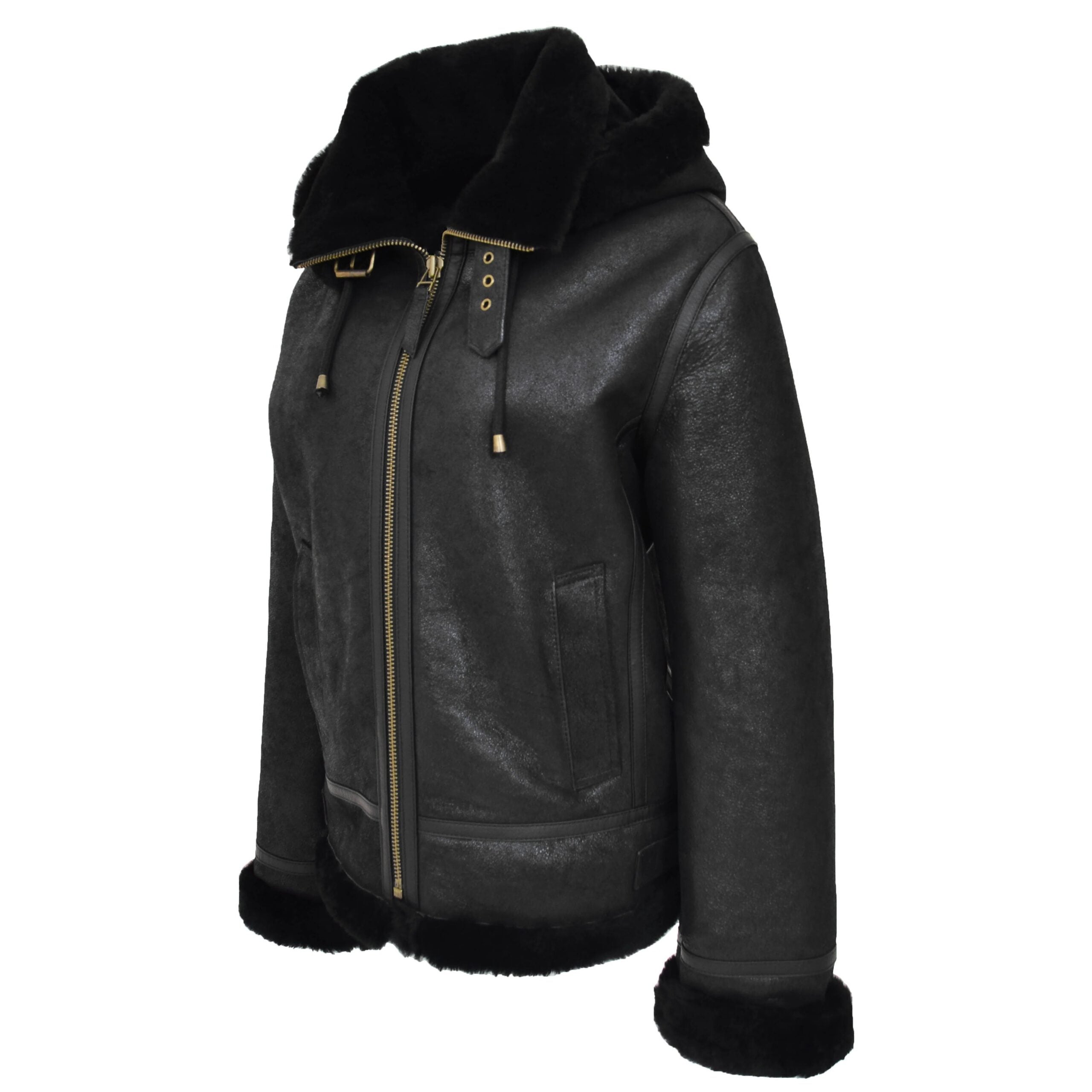 Womens Sheepskin B3 Detachable Hoodie Jacket Nova Black