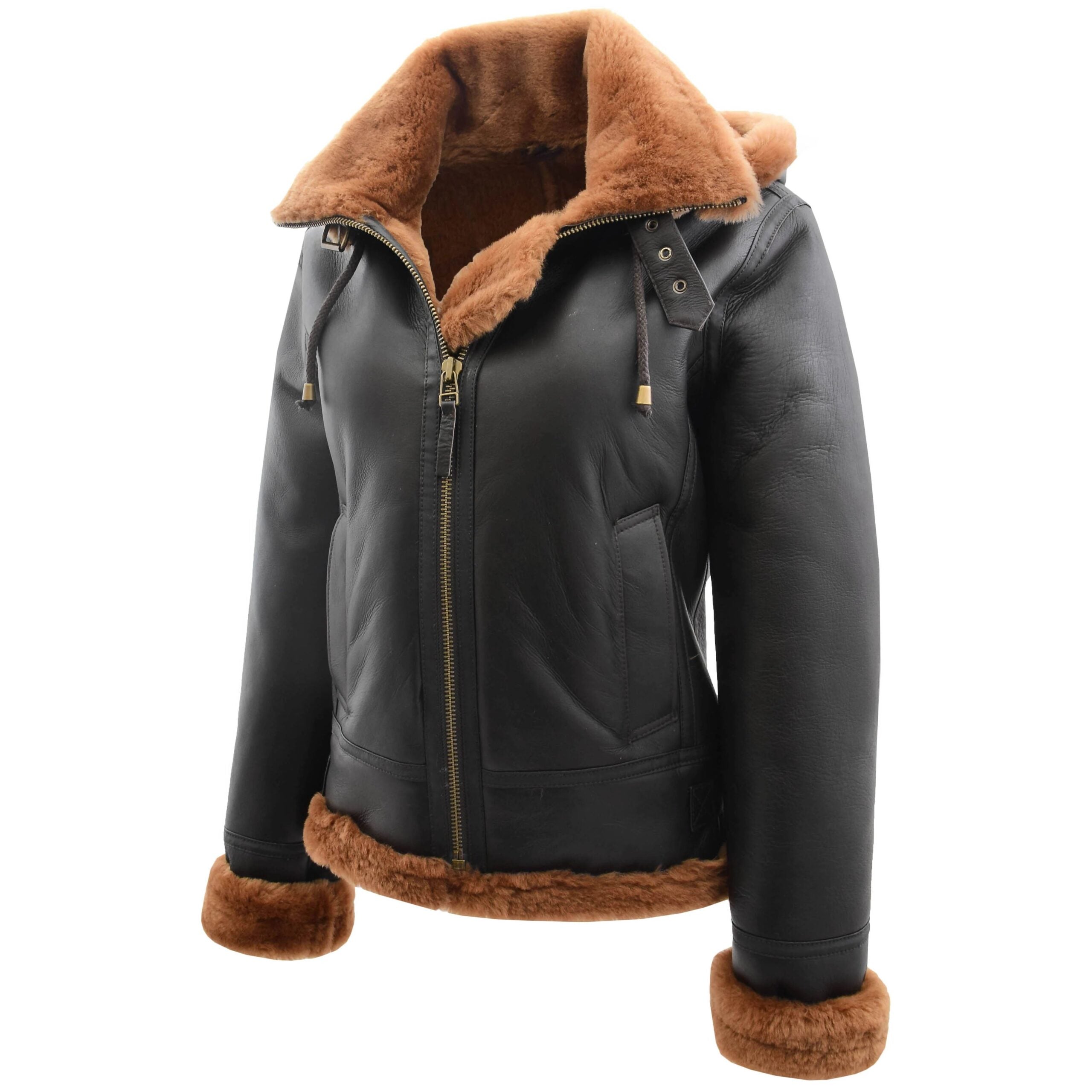 Womens Sheepskin B3 Detachable Hoodie Jacket Zenith Brown Ginger