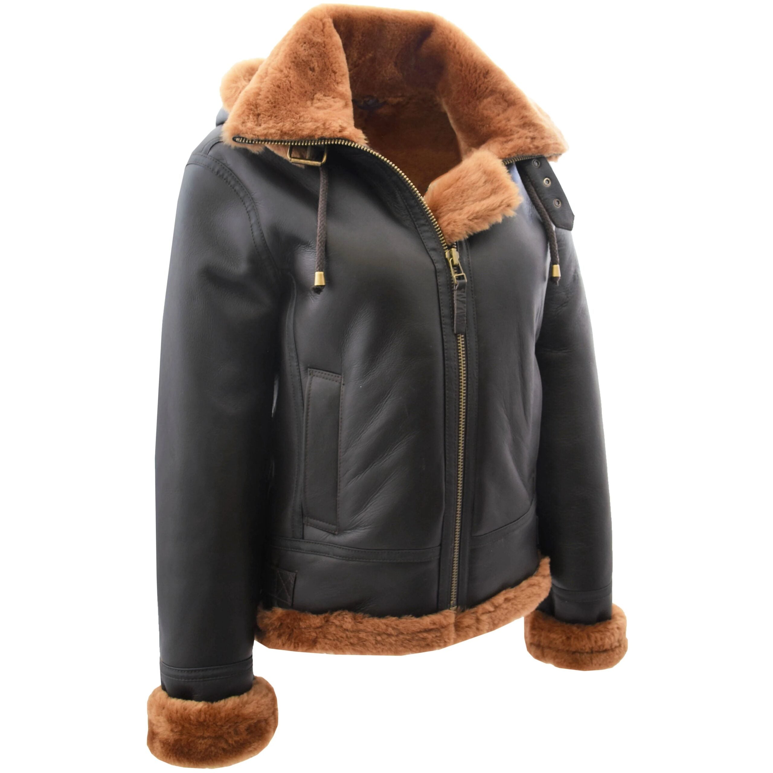 Womens Sheepskin B3 Detachable Hoodie Jacket Zenith Brown Ginger