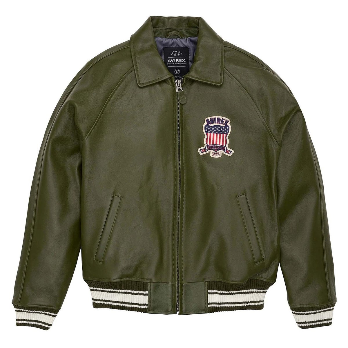 Best Seller Men’s Iconic Avirex Leather Jacket Olive Green Leather Bomber Jacket Aviator Style